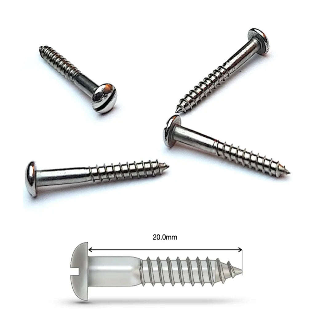 Metal screws with a measurement label on a white background