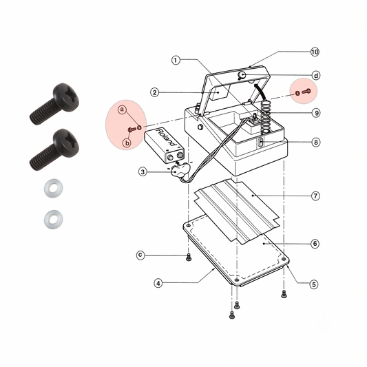 Technical exploded-view diagram of a Boss guitar effects pedal casing, with red highlighted circles showing where the genuine replacement hinge screws and washers (OEM part numbers 40010267 and 40125134) install on the foot switch plate battery compartment.