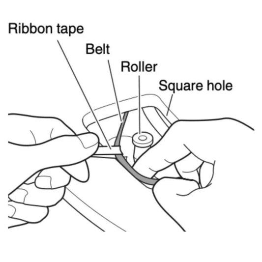 A line drawing showing a person's hands installing a turntable drive belt. A white ribbon tape is used to pull the rubber belt through a square hole in the platter toward a motor roller.