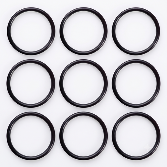 A neat 3 x 3 grid arrangement of nine black rubber Hansgrohe 98066000 replacement O-ring seals, showcasing the spare plug washers for Flexaplus and Exafill bath wastes on a bright white background.