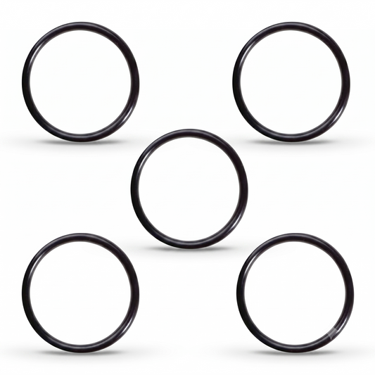 A product graphic set against a solid white background showing five identical black rubber O-ring seals arranged in a symmetrical, cross-like layout. One O-ring sits directly in the center, flanked by two O-rings positioned in the upper corners (left and right) and two O-rings positioned in the lower corners (left and right). Each individual ring is perfectly circular with a smooth, slightly reflective surface finish and features a soft, realistic drop shadow underneath .