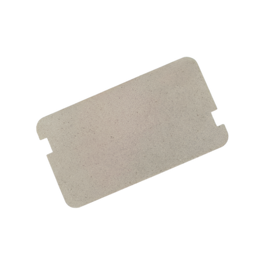 A studio shot shows a rectangular, grey mica microwave waveguide cover positioned at a slight diagonal angle. The part features rounded corners and a small rectangular notch on each of its shorter sides. It is presented against a clean, solid white background.