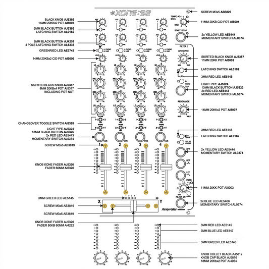 Technical schematic diagram of an Allen & Heath XONE:92 DJ mixer faceplate, pointing out component parts including the M3x5 AB3819 fader screws, knobs, switches, and LEDs.