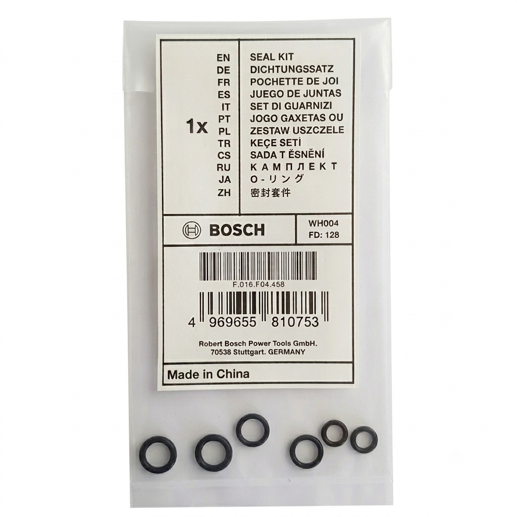 Product photograph of a genuine Bosch replacement seal kit (Part No. F.016.F04.458) for pressure washers, showing a white descriptive label in a clear plastic bag alongside five black rubber O-ring seals on a white background.