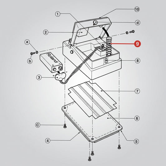 An exploded technical diagram of a Roland guitar effect pedal on a grey gradient background, showing how its internal components disassemble. A red circular callout with the number "9" points directly to a large coil spring located under the open pedal flap. Other numbered and lettered callouts indicate parts like the 9V battery, screws, and bottom plate.