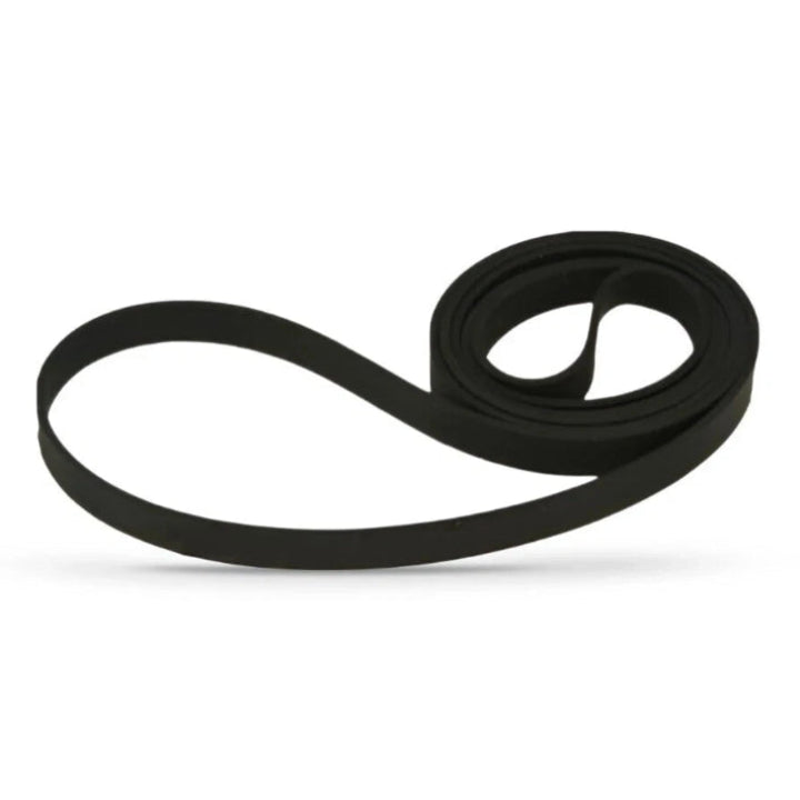 A replacement black rubber drive belt. One end is looped outward while the rest of the flat, flexible band is coiled tightly. Set against a plain white background with a soft shadow.