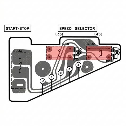 A black and white technical circuit board diagram overlay with highlighted red sections. The diagram features a "START-STOP" section on the left containing switch label S203, and a "SPEED SELECTOR" section on the right featuring sub-labels (33) and (45).