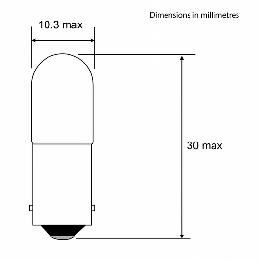 A black-and-white technical dimension diagram of a miniature pilot light bulb, with labeled measurements in millimetres. The drawing indicates a maximum diameter of 10.3 mm across the glass envelope and a maximum overall height of 30 mm from the bottom contact base to the top of the bulb.