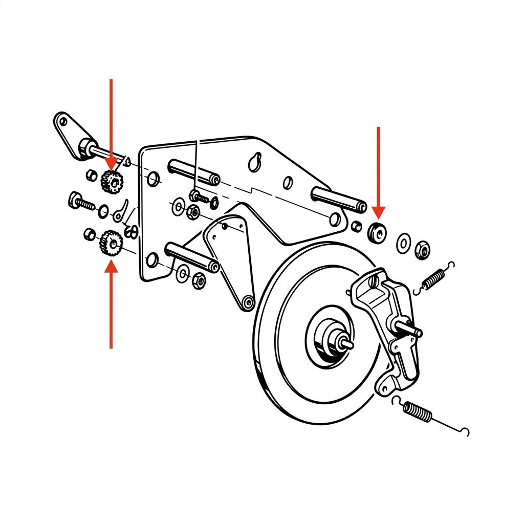 The image highlights the location of isolation grommets for a turntable mechanism, featuring three vibrant red arrows that point directly to specific cylindrical rubber or plastic components within the assembly. Two vertical red arrows point down and up at a pair of small, ridged, gear-like grommets stacked vertically on the left side of a mounting plate. A third red arrow points downward at a single smooth, ring-shaped grommet.
