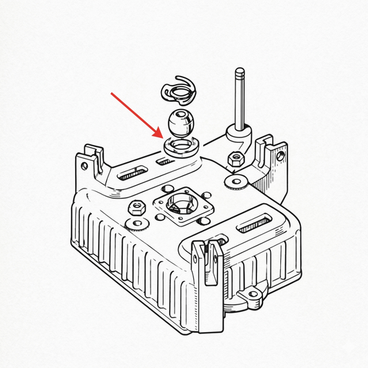 An exploded-view line drawing of a mechanical assembly, likely from a vintage turntable mechanism, against a textured white background. The diagram shows various components separated vertically to demonstrate how they fit together. A prominent red arrow points directly to a circular washer or ring-shaped component positioned just below a spherical ball bearing and an e-clip fastener.