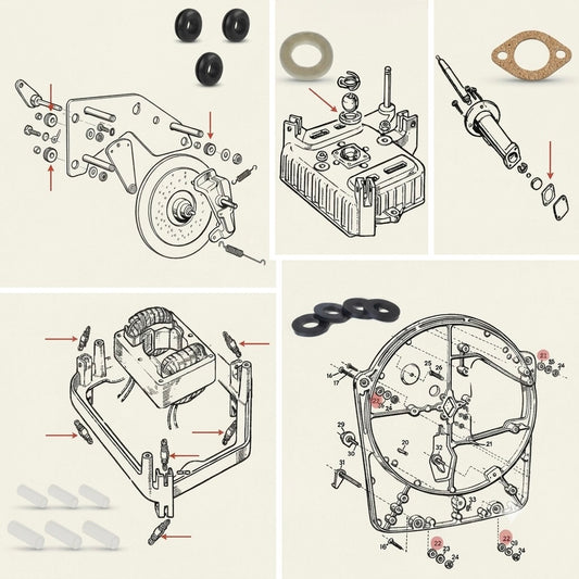 n infographic collage showcases service kit parts for a vintage Garrard 301 / 401 turntable, arranged into five cream-coloured panels. Each panel combines a realistic, full-colour photograph of a replacement component alongside its corresponding vintage, black-and-white technical line drawing, with red arrows or circles highlighting installation placement.