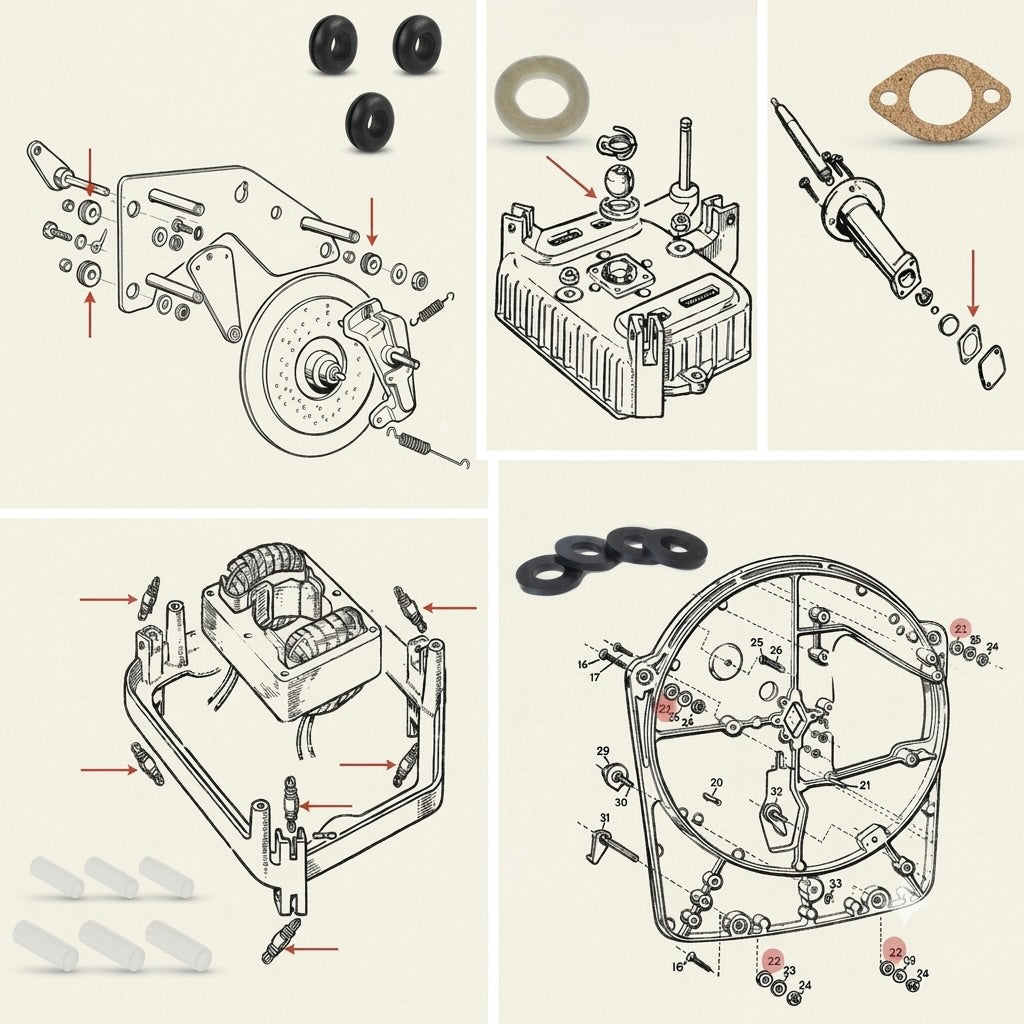 n infographic collage showcases service kit parts for a vintage Garrard 301 / 401 turntable, arranged into five cream-coloured panels. Each panel combines a realistic, full-colour photograph of a replacement component alongside its corresponding vintage, black-and-white technical line drawing, with red arrows or circles highlighting installation placement.