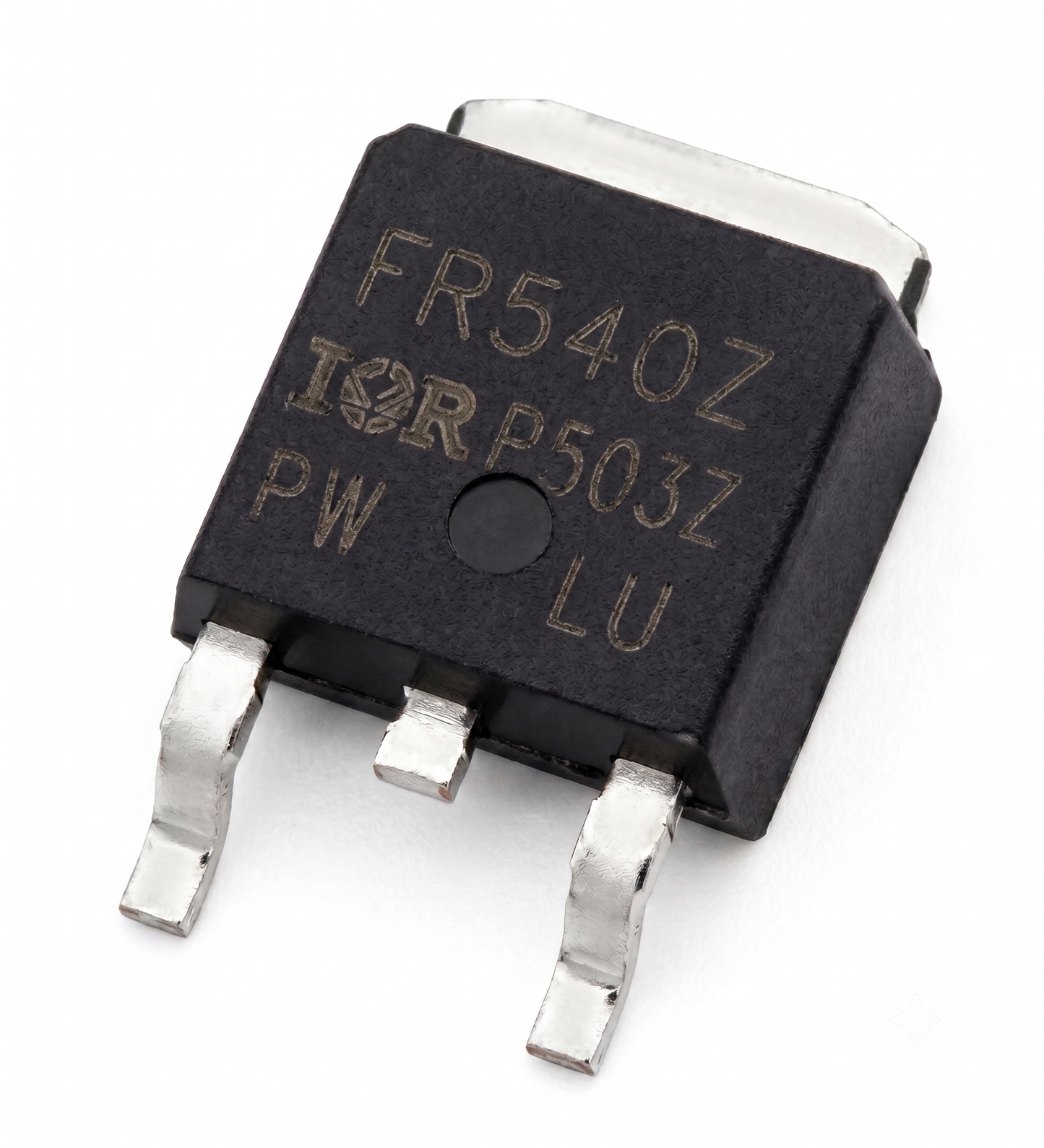 A black rectangular electronic component with three silver metal leads, featuring gold-colored printed text including 'FR540Z', 'IOP', 'P503Z', 'PW', and 'LU' on a white background.