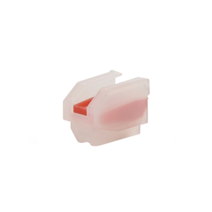 A translucent white plastic protective cover for a turntable stylus. The red housing of the stylus is visible through the semi-transparent material, illustrating how the cover fits over the delicate needle and cantilever for protection during storage or transport.