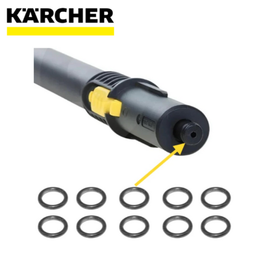 A Kärcher product image demonstrating the application of replacement O-ring seals (part 6.362-922.0). The top of the image shows the nozzle end of a black steam cleaner extension tube with a yellow locking button. A yellow arrow points from a set of ten black rubber O-rings at the bottom to the specific groove on the nozzle tip where the seal should be installed. The Kärcher logo is visible in the top left corner.