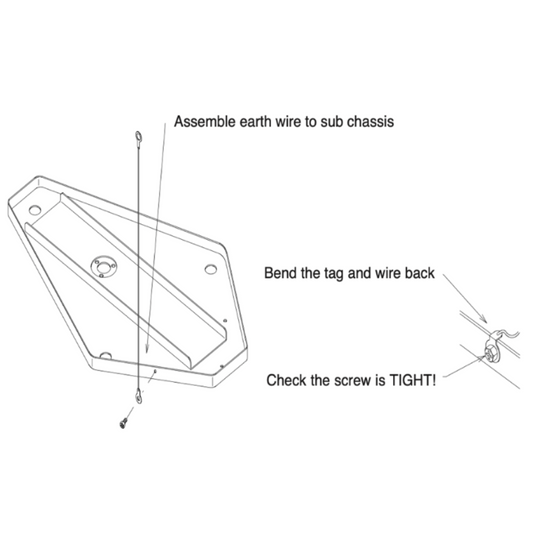 A technical line-art assembly diagram showing how to attach an earth wire to a Linn LP12 turntable sub-chassis. On the left, an exploded view illustrates the grounding wire with eyelet tags on both ends aligning with a small screw hole on the edge of the pentagonal sub-chassis plate. An arrow points to the connection point with the text "Assemble earth wire to sub chassis." On the right, a detailed close-up inset shows the installed screw.