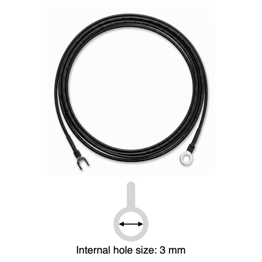An informational product image featuring a black external earthing wire for a Linn LP-12 turntable coiled in a circle against a white background, combined with a technical specification graphic below it.