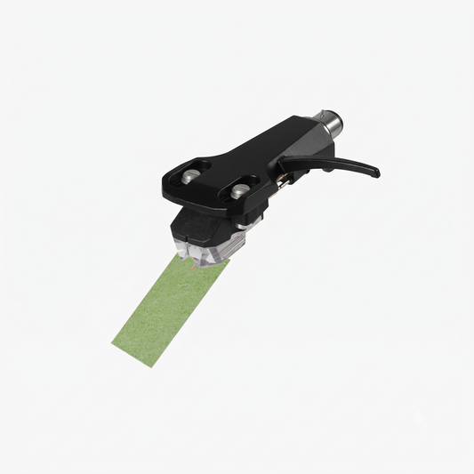 A black turntable headshell and cartridge are shown angled downward on a clean white background, with a small strip of textured green paper placed flatly underneath the stylus tip.