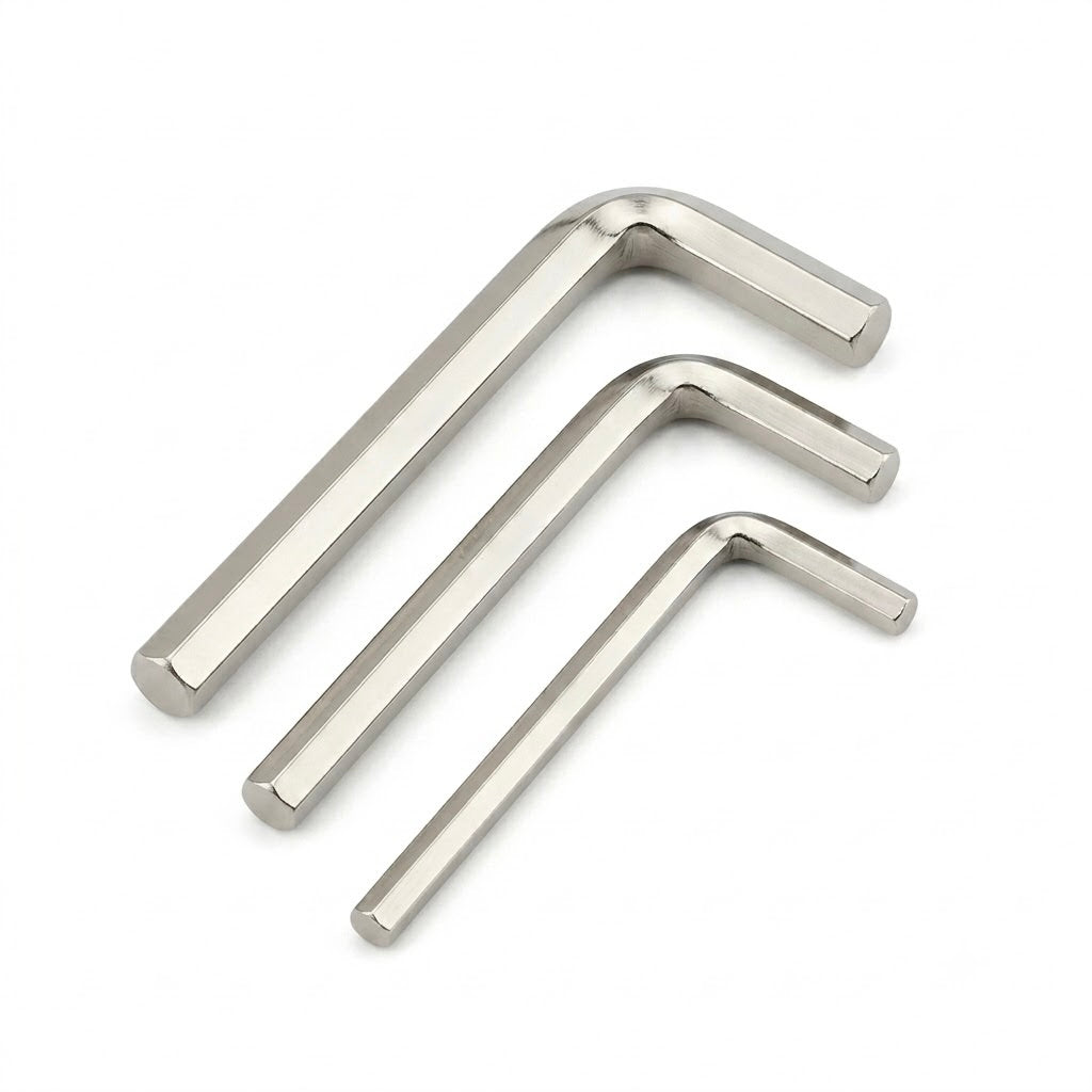 hree silver-colored, metallic L-shaped hex keys (Allen wrenches) of decreasing sizes, arranged neatly in a parallel diagonal row against a plain white background. The tools have a polished finish with solid, flat-faceted hexagonal ends.