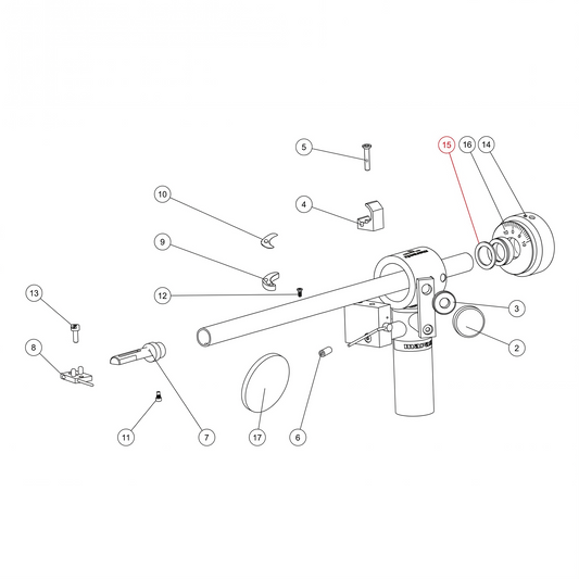 High-definition technical explosion diagram of a turntable tonearm assembly on a solid white background. Various components are numbered, featuring a prominent red line pointing to number 15, which highlights the O-ring seal placement inside the counterweight assembly.