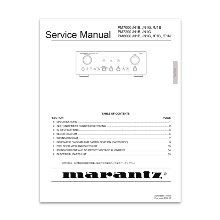 Marantz service manual cover with technical diagram and table of contents on a white background