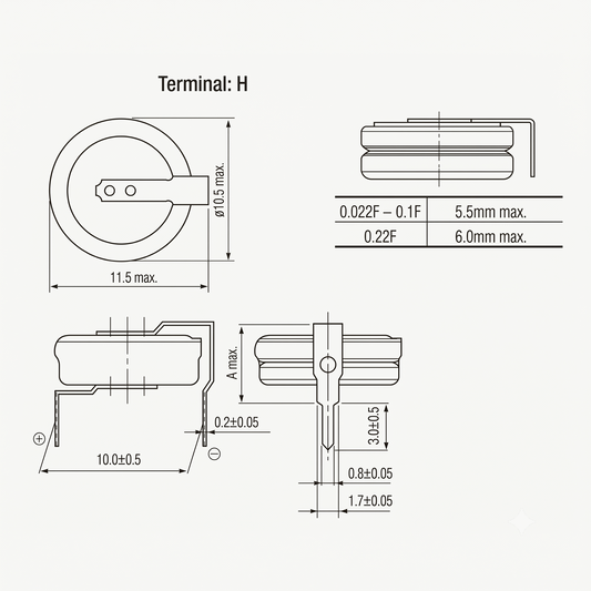 A technical engineering diagram detailing the dimensional specifications for a Panasonic H-type terminal super capacitor. The schematic includes a top-down view, a side profile, and a front-facing cross-sectional view with exact measurements in millimeters.
