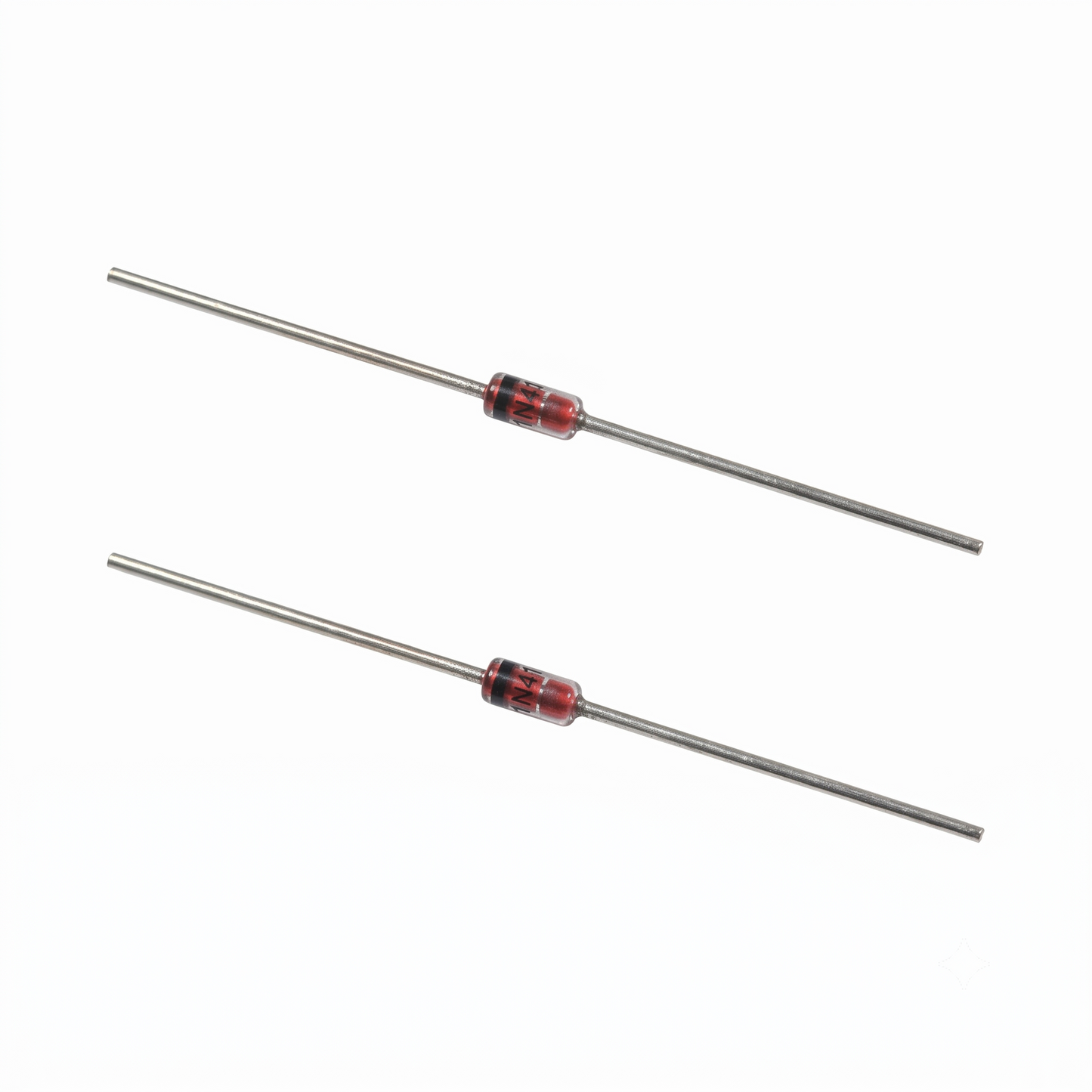 Two small diodes electronic components with a red translucent centre band, shown on a plain white background.