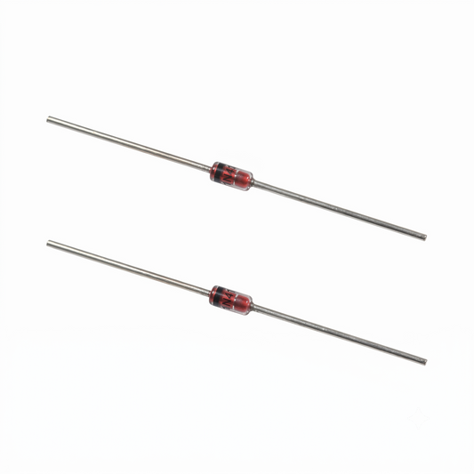 Two small diodes electronic components with a red translucent centre band, shown on a plain white background.