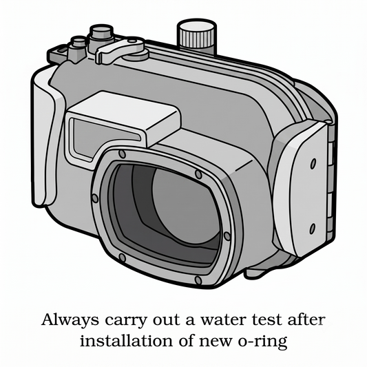 Black and white line drawing of a camera housing or underwater housing with text below reading 'Always carry out a water test after installation of new o-ring'.