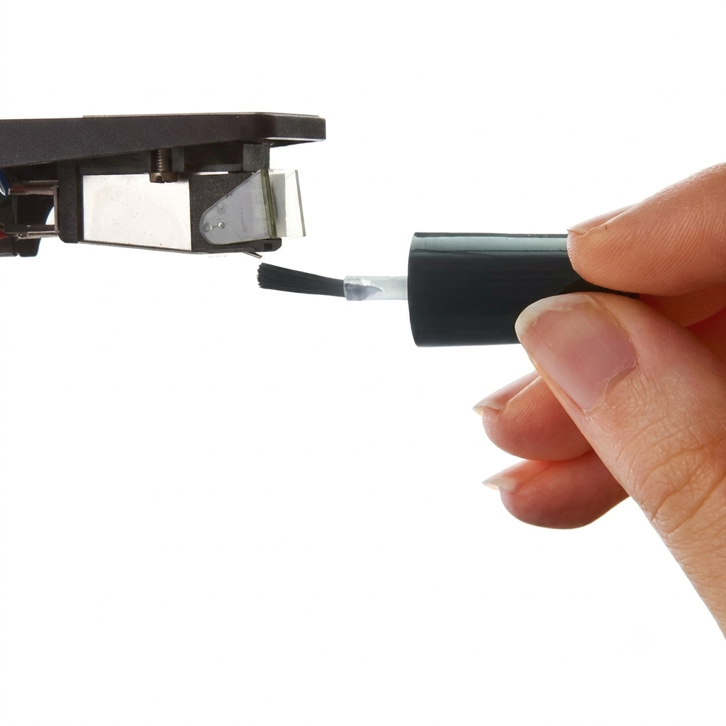 Person holding a small electronic device with a white background