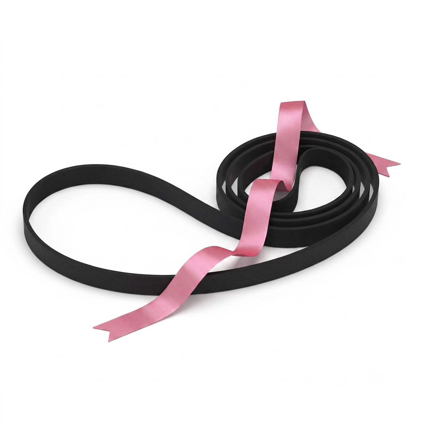 A sleek, black rubber turntable drive belt is arranged on a plain white surface. A shimmering, satin pink ribbon is draped elegantly across it, weaving through the coiled section on the right and extending over the large open loop on the left. The image is clean and minimalist, with soft shadows anchoring the items to the bright background.