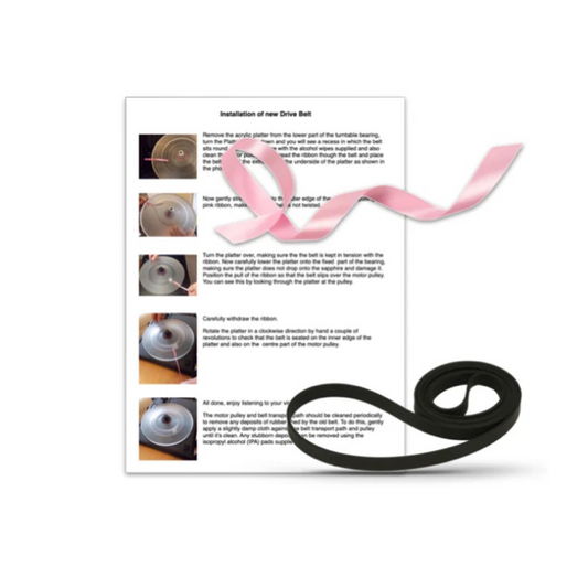 An instructional guide for installing a turntable drive belt is presented on a white background, partially overlaid by a coiled black rubber belt and a long, flowing pink satin ribbon. The document, titled "Installation of new Drive Belt," features five sequential photos showing a person using a pink ribbon to position a belt onto a clear acrylic platter.