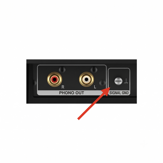 Close-up diagram of the rear connection panel of a turntable, set against a plain white background. On the left, a rectangular box labeled "PHONO OUT" contains gold-plated Right (R) and Left (L) RCA audio output jacks, with the Right jack featuring a red center ring and the Left jack featuring a white center ring. To the right of the outputs, a separate section labeled "SIGNAL GND" features a metallic ground screw terminal with a printed grounding symbol.