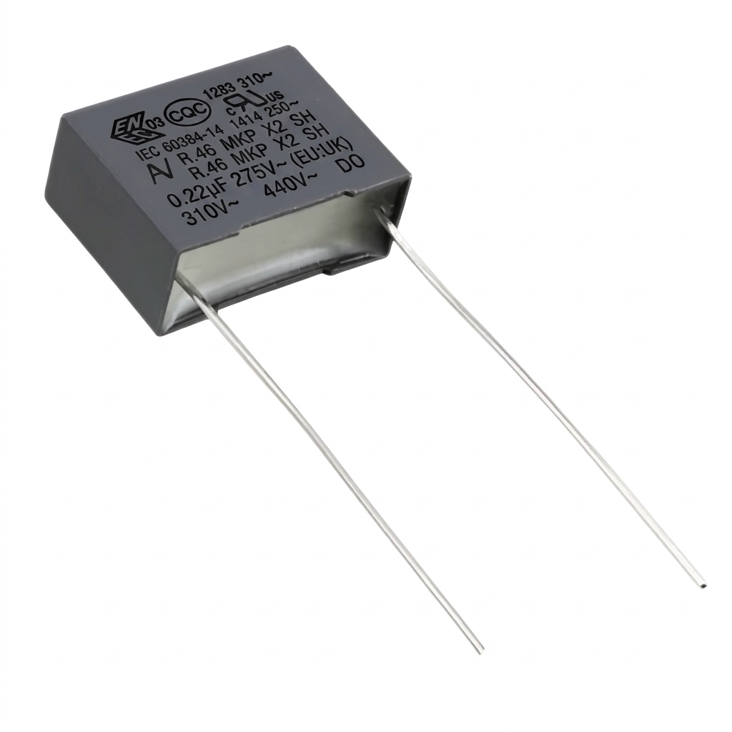 A close-up studio shot of a X2 safety film capacitor, commonly used as a motor capacitor in Rega Planar turntables. The top and front surfaces feature printed technical specifications.