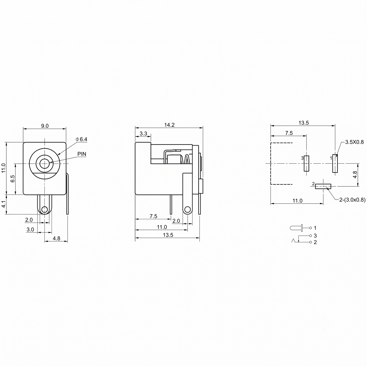 Technical dimension blueprint diagram for a DC jack PCB mount socket, showing front view, side view, pin layout schematic, and exact millimeter measurements.
