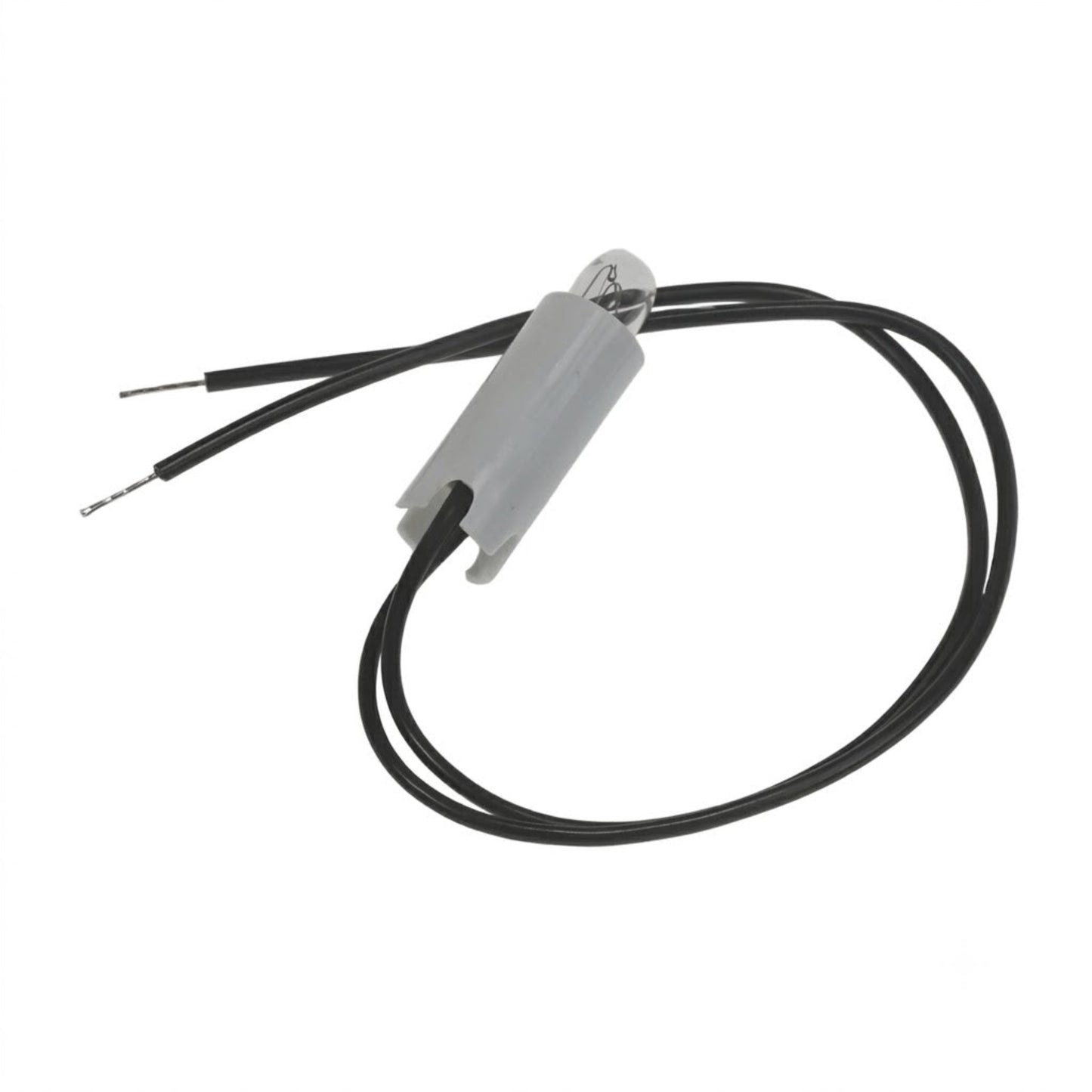 Small replacement incandescant light bulb housed in a cylindrical white plastic sleeve, with two long black wire leads curving around and ending in stripped, exposed silver wire tips against a plain white background.
