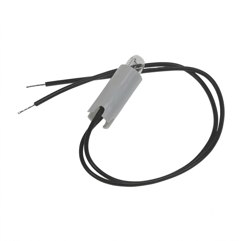 Small replacement incandescant light bulb housed in a cylindrical white plastic sleeve, with two long black wire leads curving around and ending in stripped, exposed silver wire tips against a plain white background.