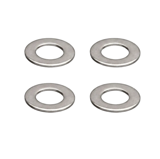 Four metallic washers on a white background