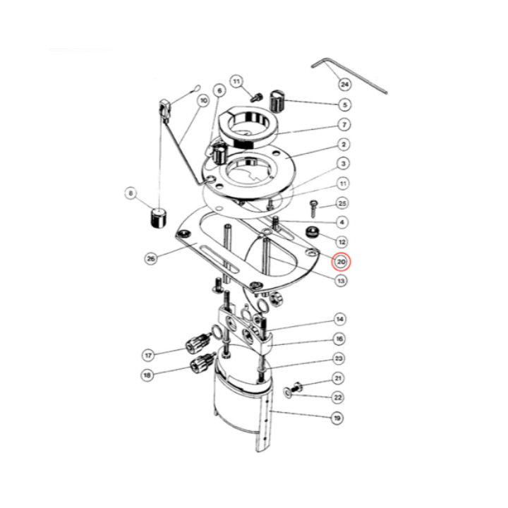 An exploded-view technical diagram of an SME 3009 tonearm base assembly. The illustration features numerous mechanical components—including screws, washers, plates, and a screening can—labeled with numbered callouts ranging from 2 to 26. A red circle highlights callout number 20, which indicates a grounding/earthing wire with a solder tag. This wire is shown extending from the main mounting plate (26) toward the internal assembly.