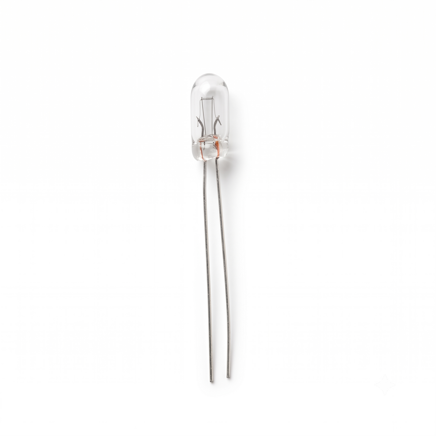 A high-definition, centered studio shot of a small, transparent incandescent indicator light bulb with long, straight wire leads, positioned vertically against a clean, solid white background. The miniature glass bulb reveals its internal filament structure and support wires clearly, casting a soft, subtle shadow to its right.