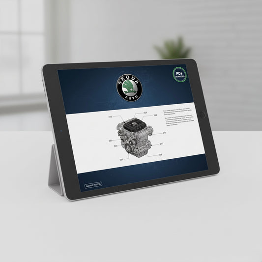 A tablet device on a small stand displaying a Skoda Auto engine diagram and manual page, set on a light gray surface with a softly blurred indoor background.