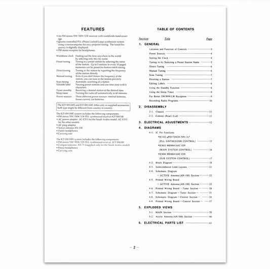 A high-resolution recreation of page 2 from a Sony Service Manual, structured with a clean white layout and black text divided into two main columns.