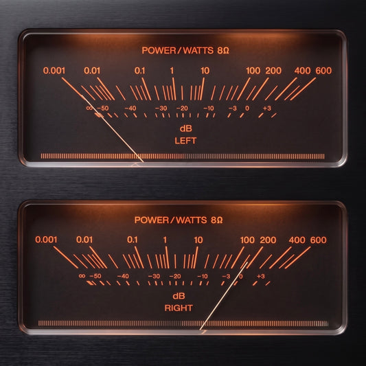 Two rectangular illuminated audio meters mounted on a dark textured panel, showing power/watts, dB, and left/right channel readings with glowing orange markings.