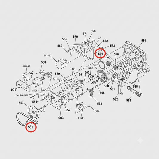 An exploded technical schematic diagram illustrates the mechanical components of a device (labelled as a Sony TCM-200V1 mechanism). Dozens of individual gears, plates, motors, and screws are shown separated along dashed assembly lines on a light grey background, each designated by a three- or four-digit reference number.