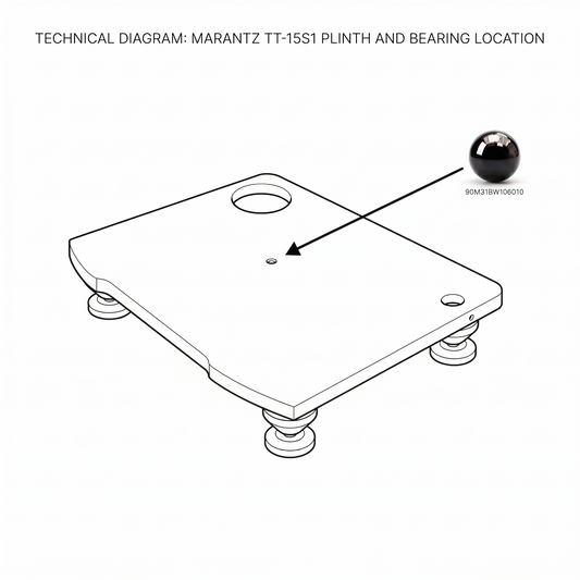 Technical line drawing diagram of the Marantz TT-15S1 turntable plinth, featuring a black arrow pointing from a shiny, reflective black ceramic ball bearing (part number 90M31BW106010) to its precise installation location at the center of the chassis.
