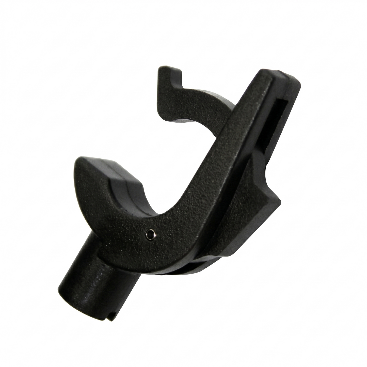 A close-up product photograph of a black plastic turntable tonearm rest replacement part, isolated against a solid white background. The piece features a curved cradle designed to hold the tonearm, an integrated locking latch mechanism extending upward, and a cylindrical mounting base at the bottom left. The textured plastic surface shows a subtle matte sheen with light catching its edges, highlighting the small metal pin near the center of the hinge.