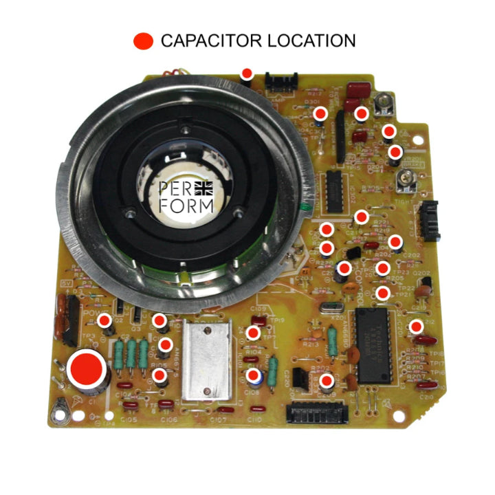 Electronic circuit board with labeled capacitor location on a white background
