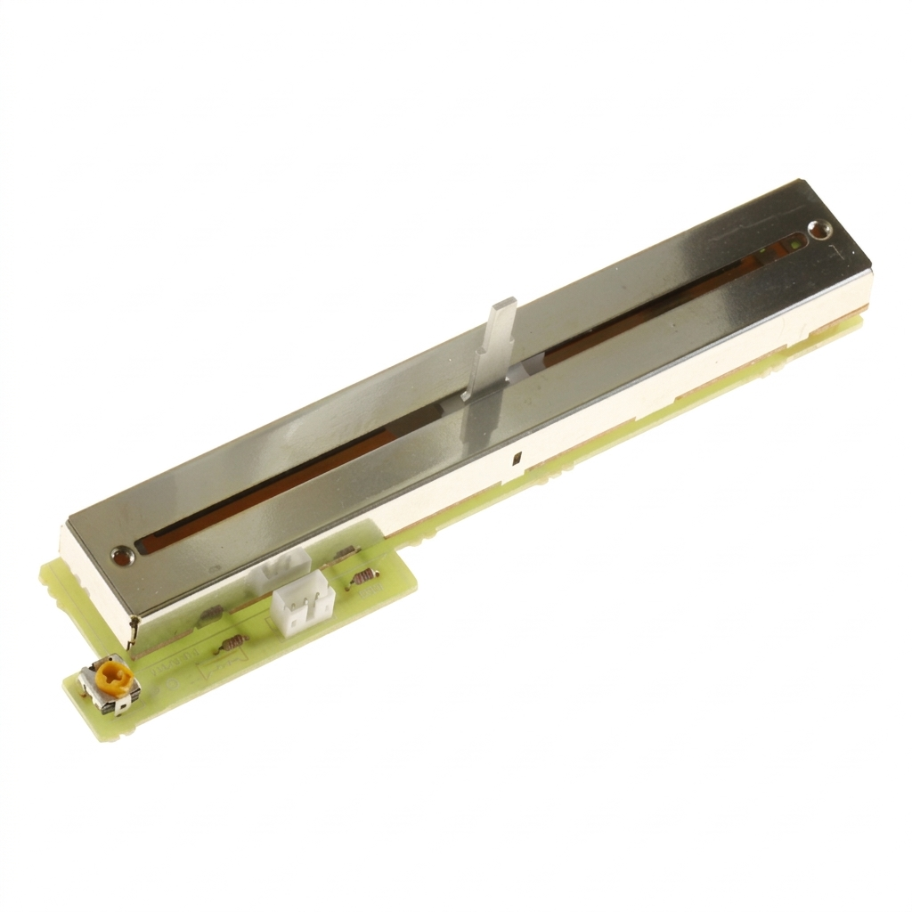 RFKBL120M5GK.webp replacement pitch fader component for a turntable, set against a clean, solid white background. The assembly features a long, metallic silver linear fader track with a central slider lever. It is mounted onto a light green printed circuit board (PCB) that includes small electronic components, a white plastic connector housing, and a small yellow adjustment dial at the bottom-left corner.