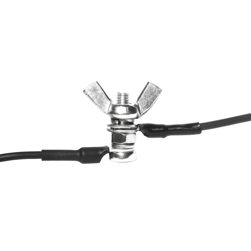 Metal butterfly valve with black cables on a white background