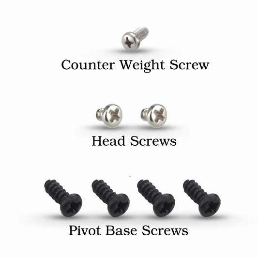 Collection of screws labeled 'Counter Weight Screw', 'Head Screws', and 'Pivot Base Screws' on a white background.